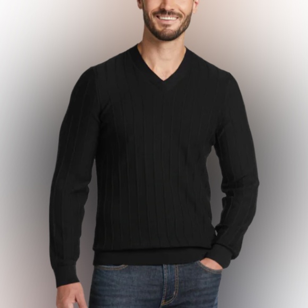 Kenneth Cole Knit Ribbed Cotton Blend V-Neck Men’s Black Sweater XL